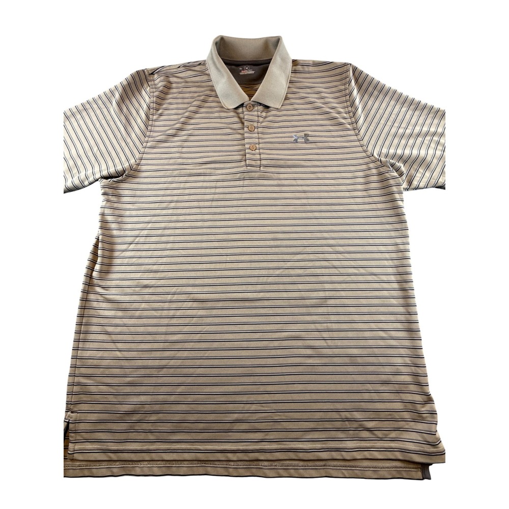 Under Armour HeatGear Mens XL Tan Striped Golf Polo Shirt Short Sleeve Sport